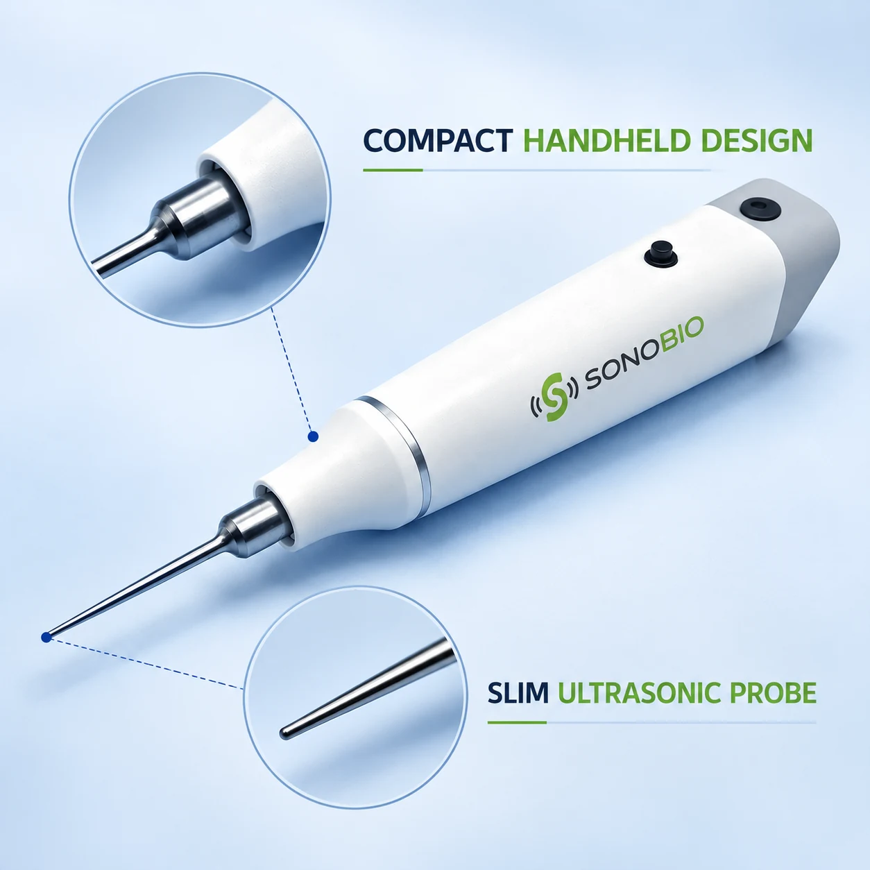 SONOBIO Handheld Ultrasonic Homogenizer Plus | SONO-H3 / H6 / H8 Compact SONOBIO handheld design and ultrasonic probe detail