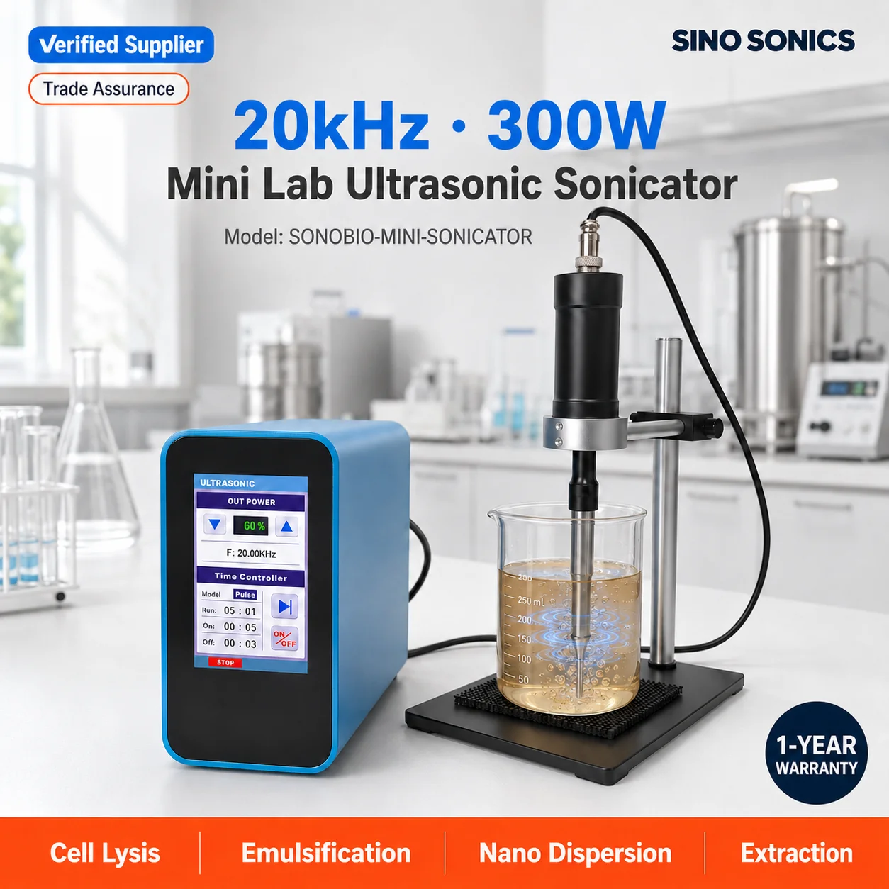 SONOBIO Mini Lab Ultrasonic Sonicator 20kHz 300W SONOBIO Mini Lab Ultrasonic Sonicator 20kHz 300W with titanium probe and lit touchscreen on lab bench