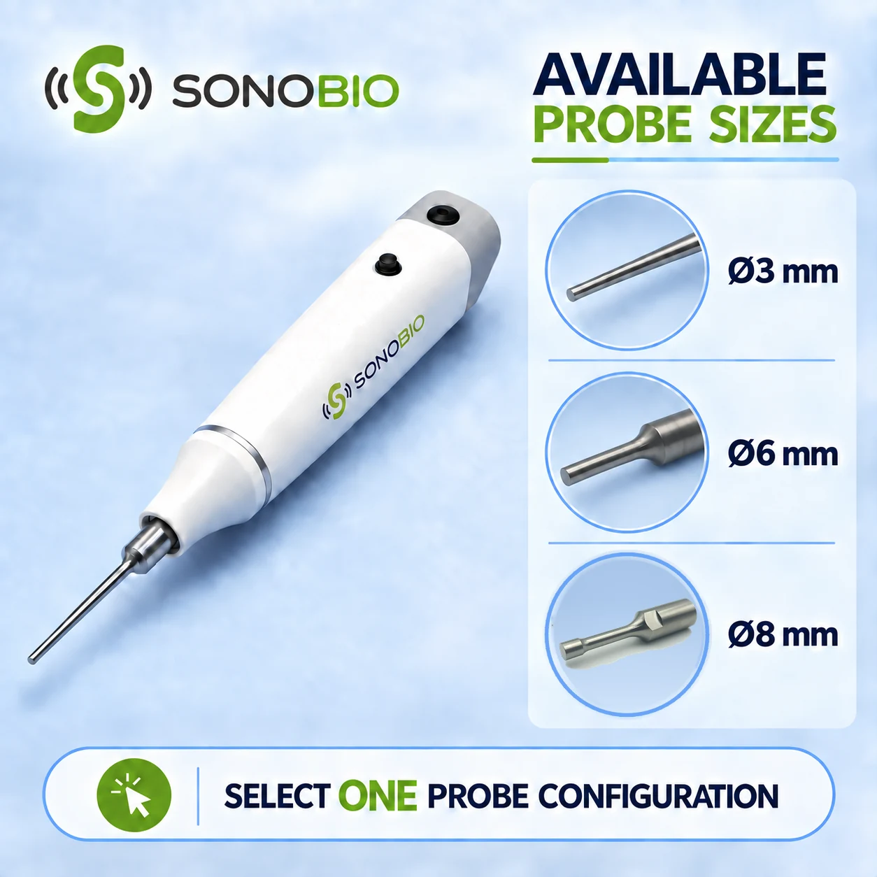 SONOBIO Handheld Ultrasonic Homogenizer Plus | SONO-H3 / H6 / H8 Available Ø3 mm, Ø6 mm and Ø8 mm probe sizes